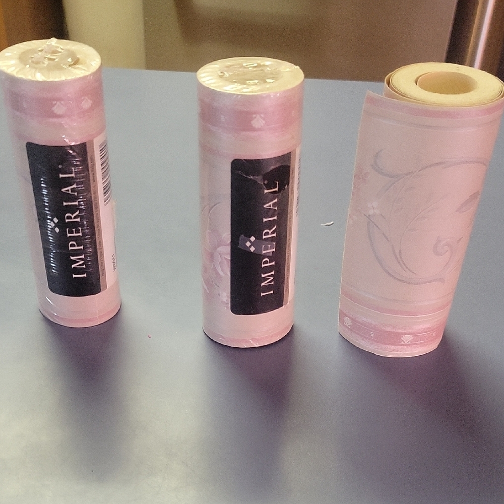 NWT Lot of three Imperial Pink and Cream Wallpaper Rolls.